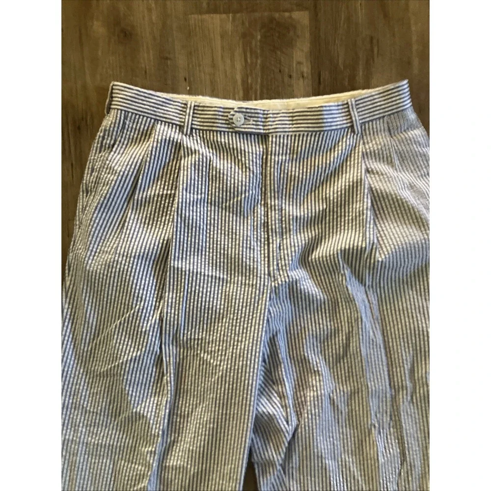 Berle Men's Seersucker Pants Sz 34 X28 Cotton Pleated Cuff Nautical VTG